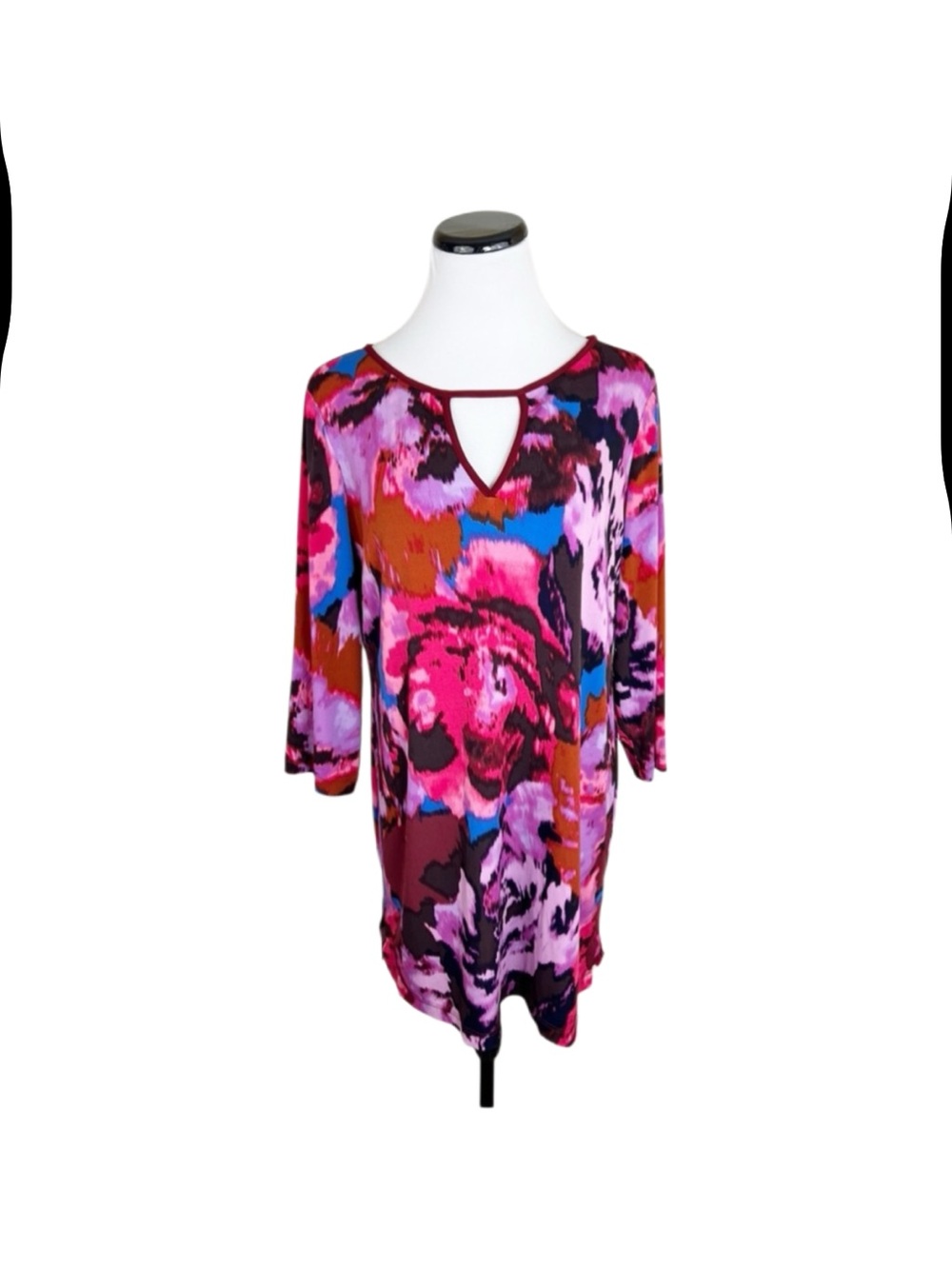 Taylor Floral Keyhole 3/4 Sleeve Stretchy Long Tunic Top Pink Purple Size 0X